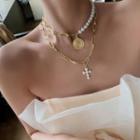 Coin Cross Faux Pearl Pendant Layered Choker Necklace White Faux Pearl - Gold - One Size