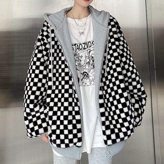 Mock Two-piece Chessboard Pattern Hooded Jacket Black & White - One Size