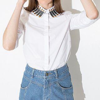 Embroidered Pencil Elbow-sleeve Blouse