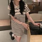 Short-sleeve Striped Polo Dress Stripes - Beige & Black - One Size