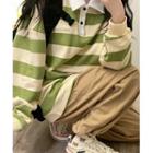 Long-sleeve Oversized Striped Polo Shirt Stripes - Green & Beige - One Size