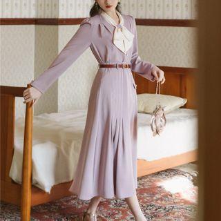 Set: Tie-neck Blouse + Midi A-line Skirt + Belt