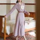 Set: Tie-neck Blouse + Midi A-line Skirt + Belt