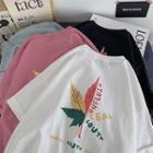Leaf Print Lettering Elbow-sleeve T-shirt