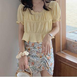 Puff Sleeve Square Neck Ruched Top / Floral Print Mini Fitted Skirt