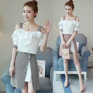 Set: Cold Shoulder A-line Dress + Plaid A-line Skirt