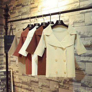 Elbow-sleeve Double-breasted Collared Knit Top