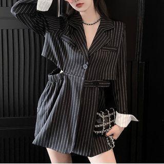 Pinstriped Cutout Mini A-line Blazer Dress Pinstripes - Black - One Size