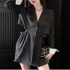 Pinstriped Cutout Mini A-line Blazer Dress Pinstripes - Black - One Size