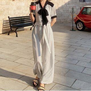 Short Sleeve Bow Collar Pattern Contrast Trim Wide-leg Jumpsuit