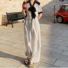 Short Sleeve Bow Collar Pattern Contrast Trim Wide-leg Jumpsuit