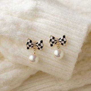 Bow Checker Faux Pearl Dangle Earring 1 Pair - Bow - Check - Black & White - One Size