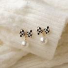 Bow Checker Faux Pearl Dangle Earring 1 Pair - Bow - Check - Black & White - One Size