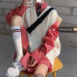 Set: Oversize Checked Shirt + Cable-knit Vest