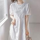 Puff-sleeve Shirred Floral Embroidered A-line Dress