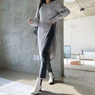 Deep-slit Long Sweater Gray - One Size