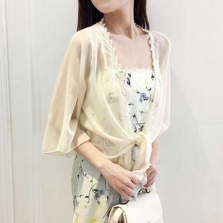 Crochet Trim Elbow Sleeve Chiffon Jacket