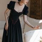 Puff-sleeve Square-neck Floral Embroidered Lace-up Midi A-line Dress