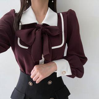 Long-sleeve Contrast Trim Ribbon Accent Blouse
