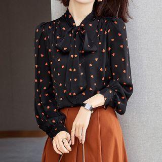 Tie-neck Heart Print Chiffon Blouse