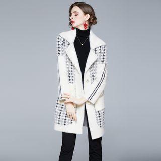Fleece Trim Houndstooth Button Coat Black & Gray - One Size