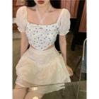 Puff-sleeve Square-neck Cropped Halter Top / High-waist A-line Mini Skirt