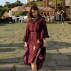 Bell-sleeve Patterned Dress With Cord Wine Red - One Size