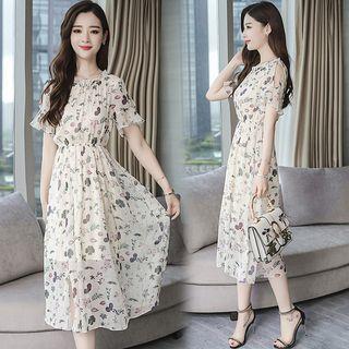 Cold-shoulder Floral Midi A-line Dress