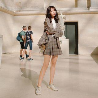 Plaid Single-breasted Blazer / Plaid A-line Skirt