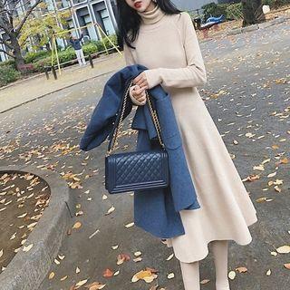 Long-sleeve Turtle-neck Midi A-line Knit Dress