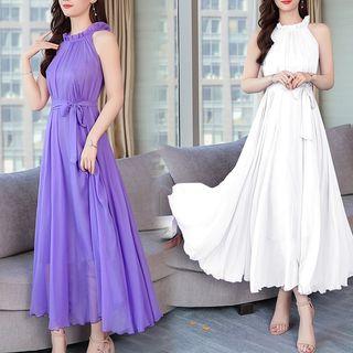 Frilled Mock-neck Sleeveless Dress