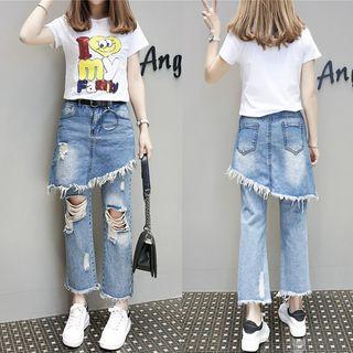 Mock Two-piece Distressed Cropped Jeans
