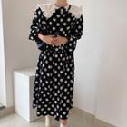 Dotted Long-sleeve Midi Collared Dress Black & White - One Size