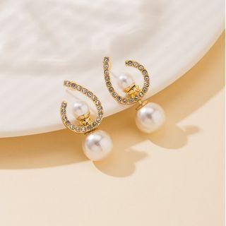 S925 Sterling Silver Rhinestone Faux Pearl Stud Earrings Gold - One Size