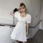 Puff-sleeve Square Neck Lace-up Side A-line Dress