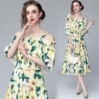 Short-sleeve Cold Shoulder Floral Print Tiered Midi A-line Dress