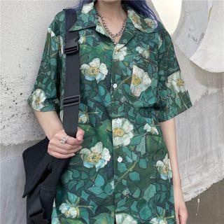 Short-sleeve Floral Print Loose-fit Shirt