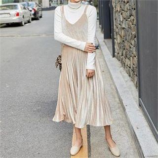 Velvet Accordion-pleated Long Pinafore Dress