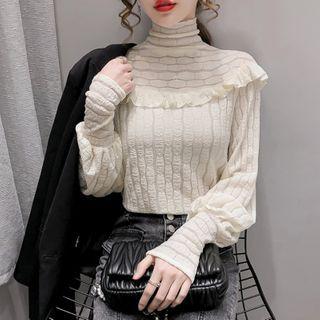 Long-sleeve High-neck Ruffle Trim Top
