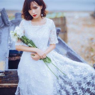 Elbow-sleeve Off-shoulder Floral Embroidered Tie-waist Lace Dress