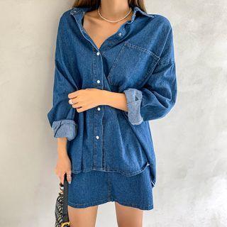 Set: Snap-button Boxy Denim Shirt + A-line Skirt