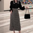 Balloon-sleeve Blouse / Houndstooth Midi Slit Skirt / Set