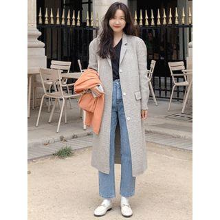 Hidden-button Houndstooth Wool Blend Coat One Size