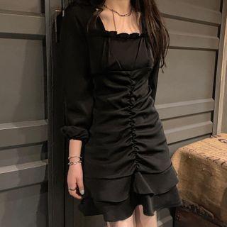 Long-sleeve Frill Trim A-line Mini Dress Black - One Size