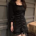 Long-sleeve Frill Trim A-line Mini Dress Black - One Size