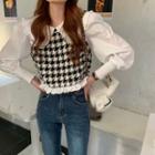 Puff-sleeve Houndstooth Panel Blouse Black & White - One Size