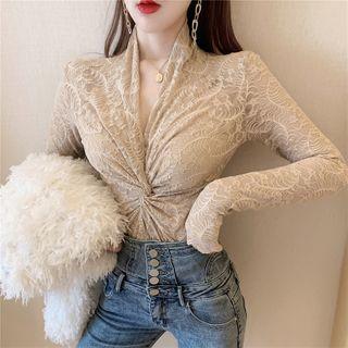 Lace V-neck Long-sleeve Slim-fit Top - 4 Colors