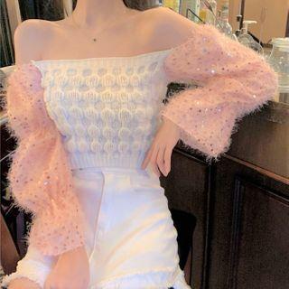 Sequined Knit Top Pink Sleeve - White - One Size