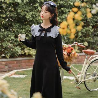 Long-sleeve Frill Trim Bow Knit Midi A-line Dress Black - One Size