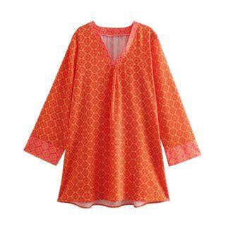 Long-sleeve V-neck Patterned Shift Dress